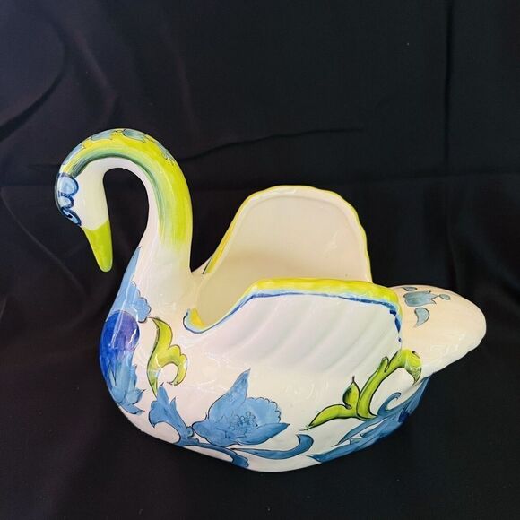 Vintage Planter White Green Ceramic Swan Figurine Figural Flower Pot Floral - Picture 4 of 9